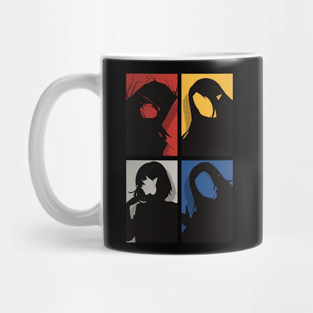 All The Main Characters In The Eminence In Shadow Anime In A Cool Black Minimalist Silhouette Pop Art Design With Their Names Symbol In Colorful Background by Animangapoi